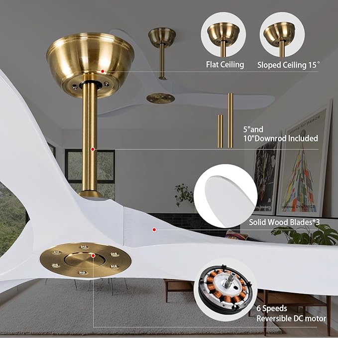Bigzone 52" Outdoor/Indoor Ceiling Fan With Remote Control, DC Motor Quiet Energy Saving,3 White Balsa Wood Blades,Wooden Ceiling Fan no light With Reversible Blades