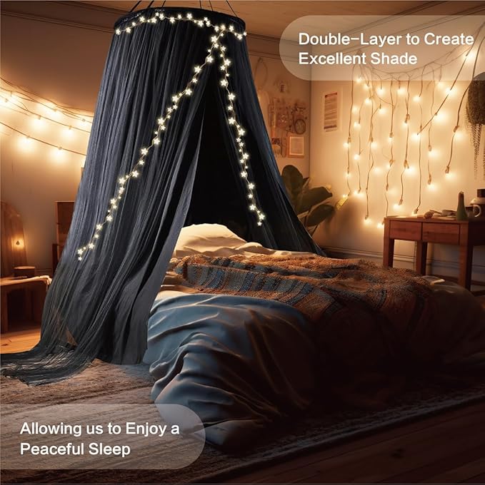 40"x 106" Bed Canopy for Girls & Adults, Double Layer Princess Round Dome Bed Curtain Canopy Drapes, Dreamy Mosquito Net Reading Nook, Bedroom Decoration (Black)