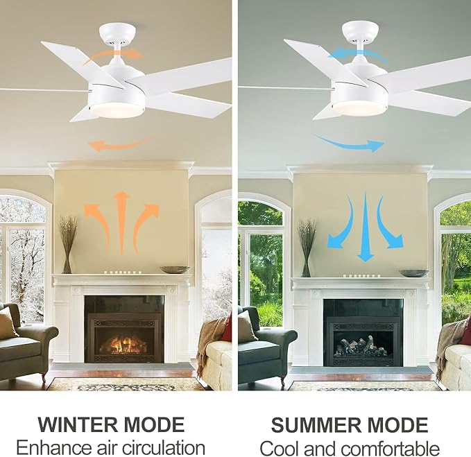 44 inch White Ceiling Fan with Lights and Remote Control, Dimmable Ceiling Fans with Lights,3-Color, Quiet Reversible 6-Speed, Wood Modern Ceiling Fan for Bedroom, Living Room, Dining Room