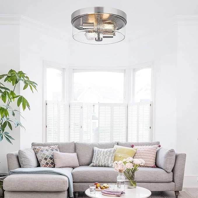 Flush Mount Ceiling Light Fixtures, 2-Light 12 Inch Brushed Nickel Close to Ceiling Light Fixtures with Seeded Glass Shade Ceiling Light Fixture for Porch, Hallway, Bathroom, Dining Room and Foyer