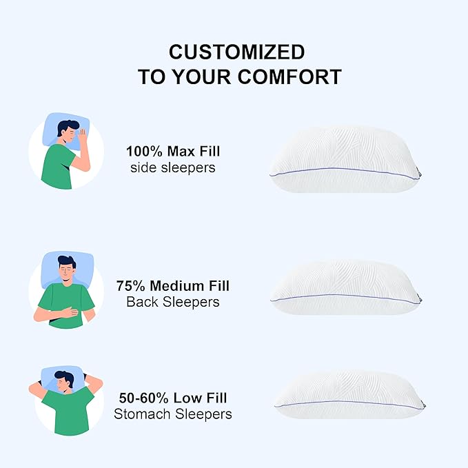 Shredded Memory Foam Pillows Queen Bed Pillows Set of 1, Summer Cooling Pillows for Hot Sleepers with Washable Pillowcase, and Winter Soft Dual Sided Pillow for Back and Stomach Sleepers