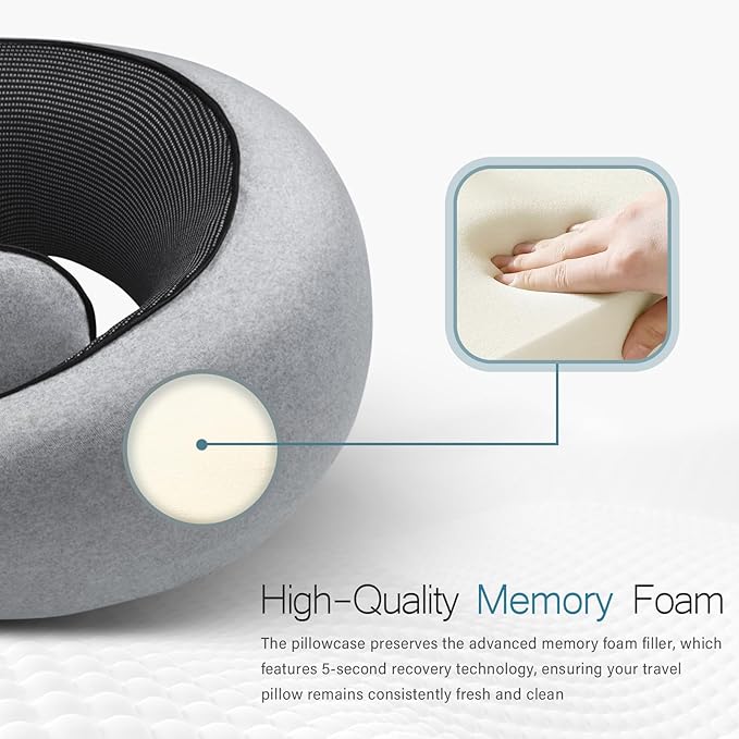 PORTHOLIC 2024 Upgraded Neck Pillow with Buckle for Travel, 100% Pure Memory Foam Travel Neck Pillow for Airplane Travel Flight Headrest Sleep, Portable Plane Accessories (Light Grey)