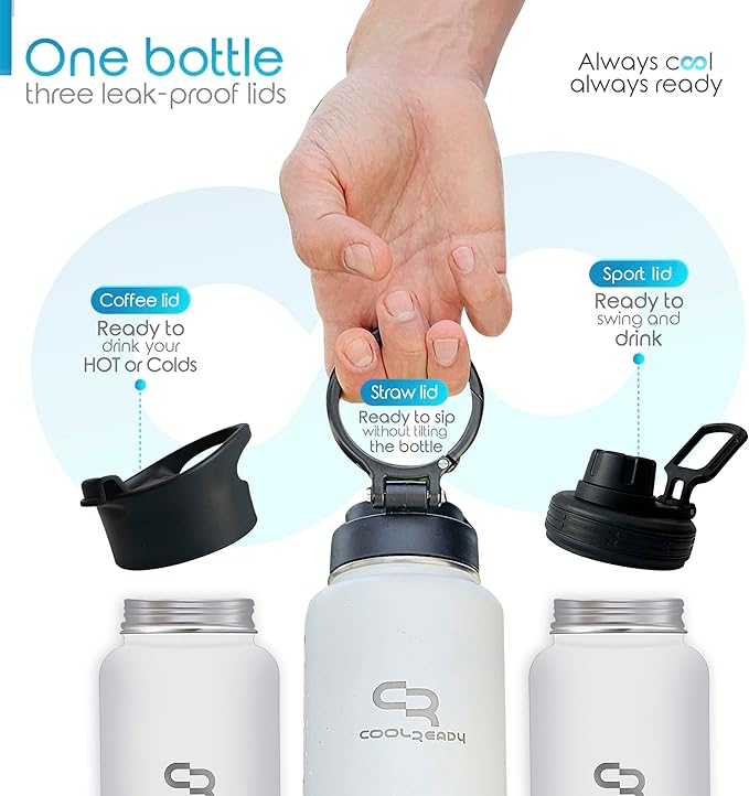 40oz Insulated White Water Bottle With Straw and Handle Lid, Thermos Coffee, Chug Lid - Double Walled Stainless Steel - Metal Water Bottle for Gym, Water Bottles Aesthetics