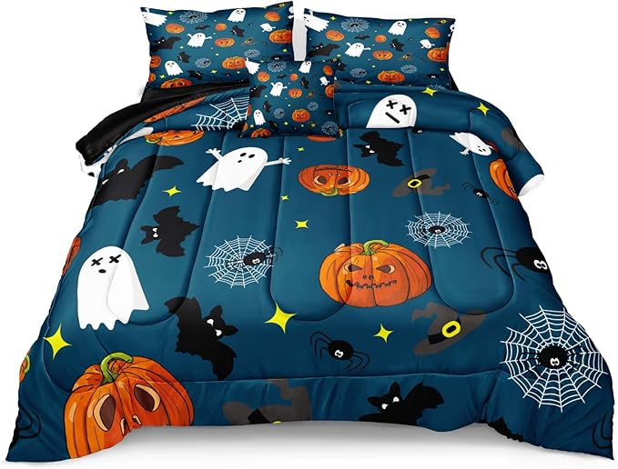 Bedbay Halloween Comforter Set Queen Size Halloween Bedding Set Full Cute Ghost Pumpkin Printed Blue Halloween Bedding 4-Piece with 1 Cushion Cover (Blue,Queen)