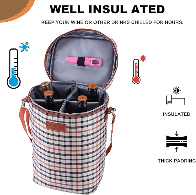 4 Bottle Wine Gift Carrier, Insulated Leakproof Padded Portable Wine Bottle Bag for Travel, BYOB Restaurant, Wine Tasting, Party, Great Gift for Wine Lover