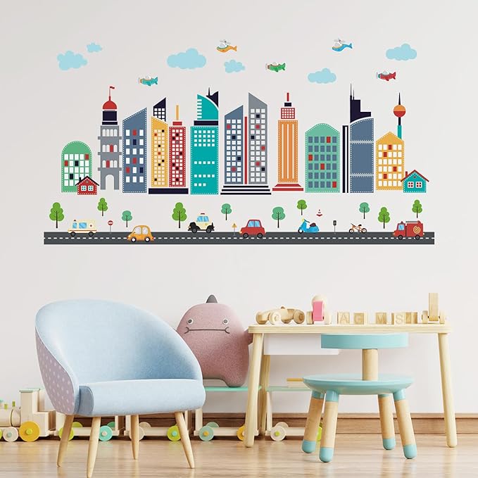 49pcs Cars City Wall Decals Removable Sticker for Kids Cartoon Cloud Skyscraper Construction Wall Stickers Airplane Kids Wall Decor Children's Day Gift Wallpapers for Nursery Classroom Playroom
