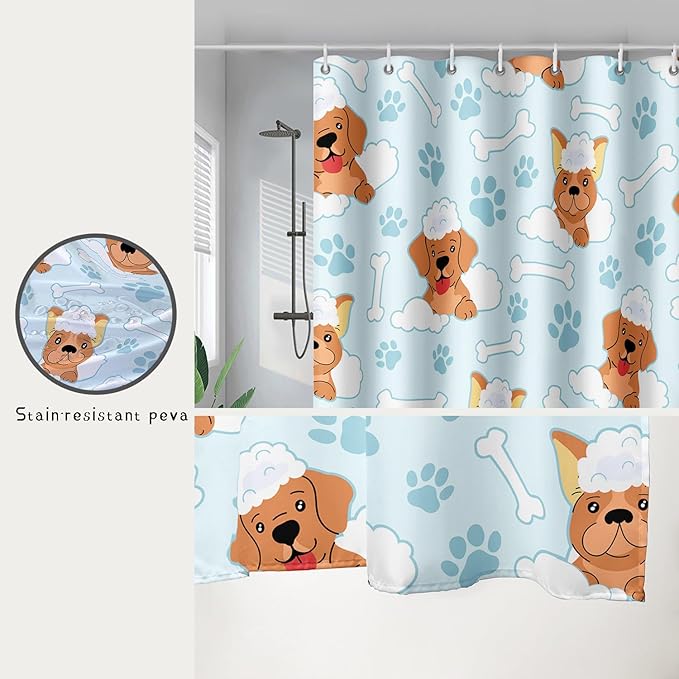 AILONEN Cute Dog Shower Curtain,Cute Bulldog Labrador Dog Print Shower Curtain, 48" W*72" H Waterproof Happy Shower Puppy Dog Lover Curtain with Grommets and 12 Hooks