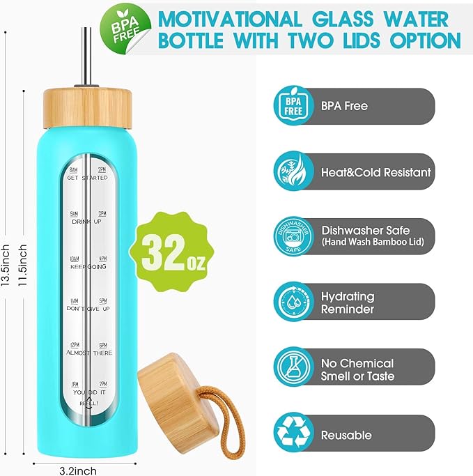 32 oz Glass Water Bottles with Straw - Motivational Glass Water Bottle with Time Marker & Silicone Sleeve - Reusable Glass Tumbler Includes 2 Bamboo Lids & Fruit Infuser - 1 Pack