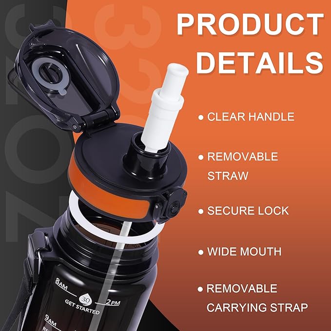 32 oz Water Bottle with Detachable Straw, Clear Motivational Water Bottles with Time to Drink, Tritan & BPA Free Sports Water Jug with Time Marker, Upgraded handle design
