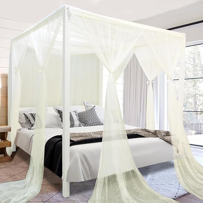 tupi Beige Canopy Bed Curtains for King/Queen Size Bed, 4 Corner Adult Bed Canopy, Ultra Elegant Bed Curtain Drapes Bedroom Decor, Stylish Polyester Netting Canopy, Easy Installation