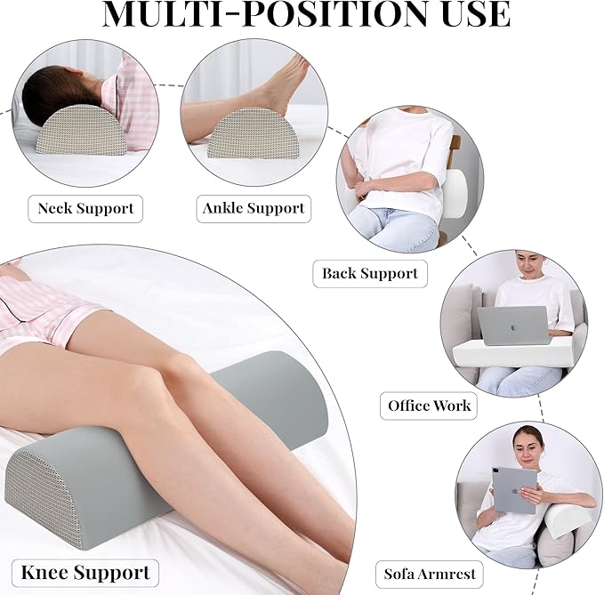 Large Knee Pillow for Side Sleepers Memory Foam Leg Pillows for Sleeping Yoga Bed Half Moon Bolster Pillow for Neck Pain Relief with Pillowcase 23.6"x8.7"x5"(Cooling Grey, Extended Size)
