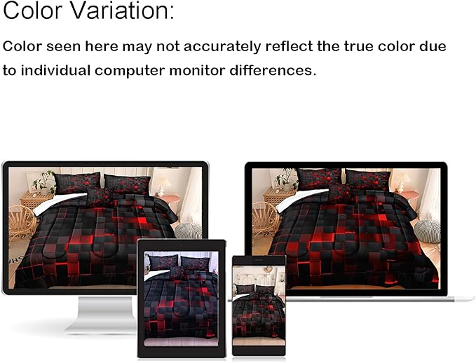Bedbay Black Checkered Comforter Set Queen Size Plaid Bedding 4 Pcs Stereoscopic Glowing Square Geometric Printing Quilt Set Boys Girls Black Red Grid Bedding Set Queen Duvet Set (Red Black,Queen)