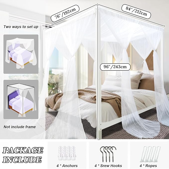 South to East White Canopy Bed Curtains, 4 Corner Post Bed Canopy, Top Elegant Bed Drapes for Bedroom Decor, 75D Polyester Mesh, 4 Openings, Easy Install, Bed Curtain for King/Queen Size