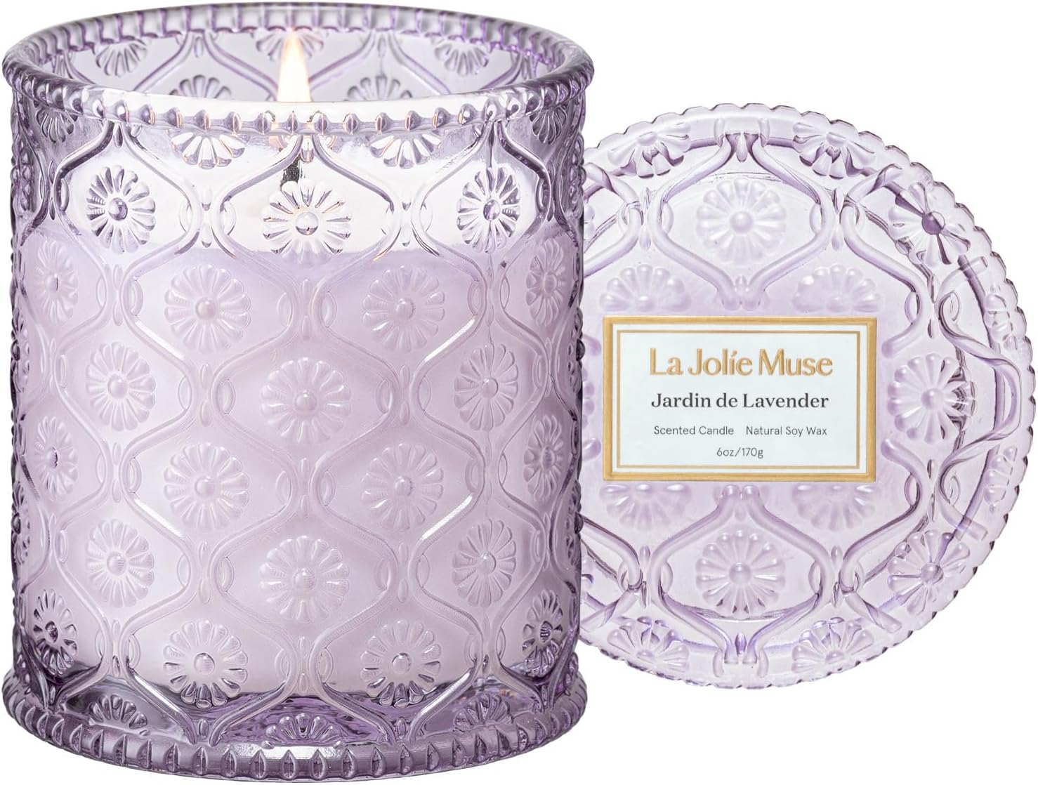 LA JOLIE MUSE Jardin de Lavender Scented Candle - Coconut, Lavender & Sandalwood | 6 oz Natural Soy Wax | 40 Hours Clean Burn | Aromatherapy Candle for Relaxation | Elegant Home Decor