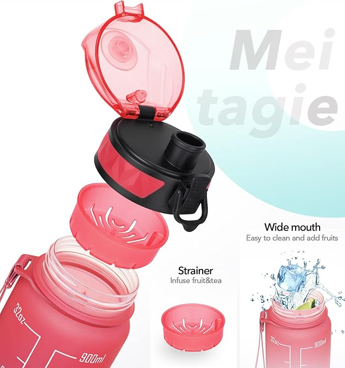 32oz/26oz Motivational Water Bottle with Time Marker & Fruit Strainer, Leak-proof BPA Free Non-Toxic 1l Bottle with Carrying Strap, Perfect for Fitness, Gym and Outdoor Sports,Plastic