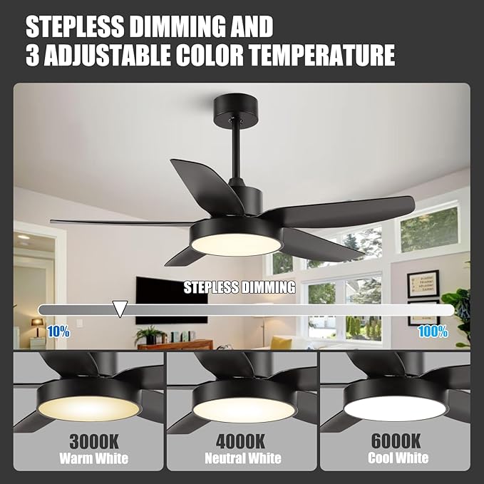 Modern Ceiling Fan with Light and Remote Control,46''Ceiling Fan with 3 Color Lights,Memory Function,5 Blades,6 Speeds,Outdoor Fan and Light for Living Room,Bedroom,Kitchen,Black