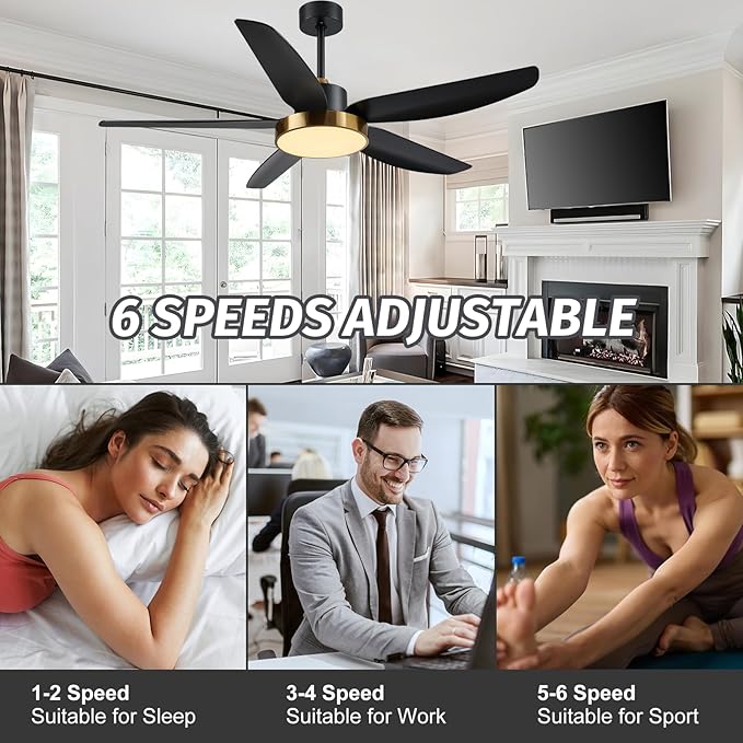 Modern Ceiling Fan with Light and Remote Control,56''Ceiling Fan with 3 Color Lights,Memory Function,5 Blades,6 Speeds,Outdoor Fan and Light for Living Room,Bedroom,Kitchen,Black Gold