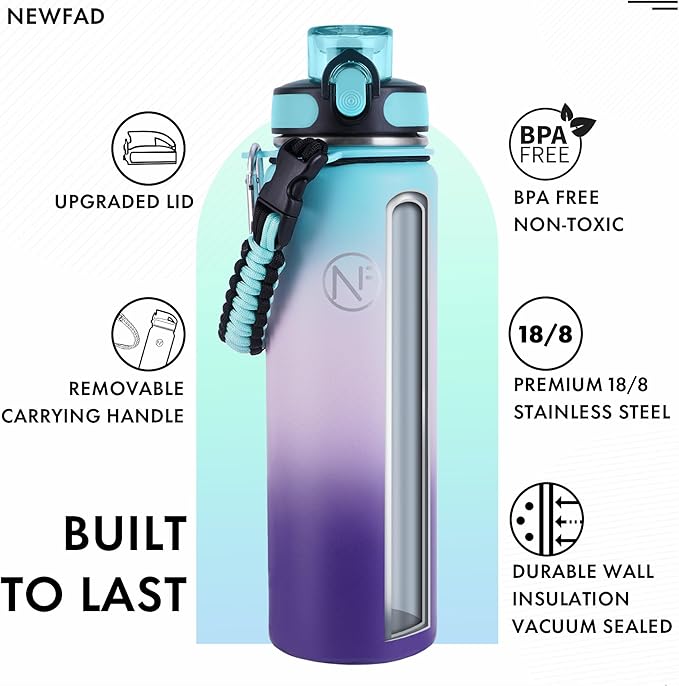 32 oz Insulated Water Bottle With Detachable Straw & Paracord Handle, Stainless Steel Thermos Water Bottle with Leakproof Lockable Lid, BPA-Free Sports Bottle (Green Pink Purple Gradient)