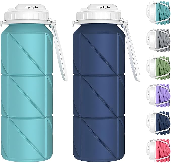 2pack Collapsible Water Bottles Reusable Leak Proof Silicone Water Bottle BPA Free Durable Foldable Sports Bottles & straw 23oz Lightweight Bottle for Gym Hiking Biking Camping Travel Bottle