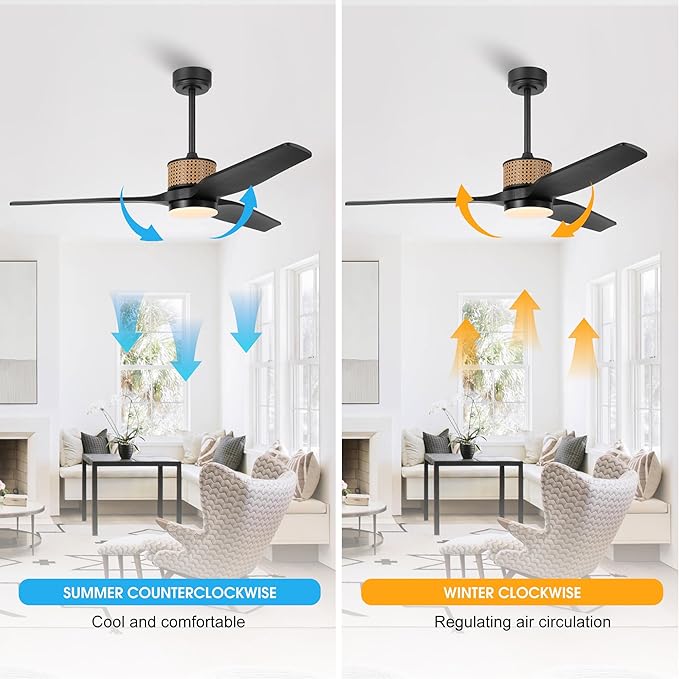 52" Ceiling Fan with Light and Remote, 3 Solid Wood Blades, Noiseless Reversible DC Motor Ceiling Fan with 4.5"/12" Downrods for Bedroom/Living Room/Porch (Black)