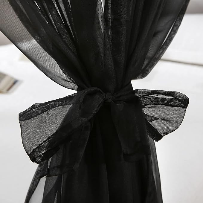 Chiffon Black Bed Canopy Queen Size, Gothic Style Girls Canopy Bed Curtains, 4 Post Bed Curtains for Adult Room Decor