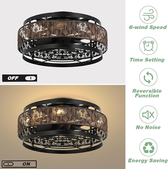 Low Profile Caged Ceiling Fan With Light&Remote, 17" Flush Mount Farmhouse Ceiling Fan, Enclosed Rustic Ceiling Fan with Reversible Motor, Black and Gold Industrial Ceiling Fixture for Bedroom/Kitchen