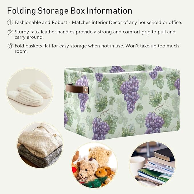 Grapes Purple Rustic Storage Basket Fabric Storage Bin Laundry Baskets Green Leaves Fruits Foldable Storage Boxes Organizer Bag for Cloth Dog Toy Book Storage Cubes Shelf Closet Basket 16×12×8 Inches