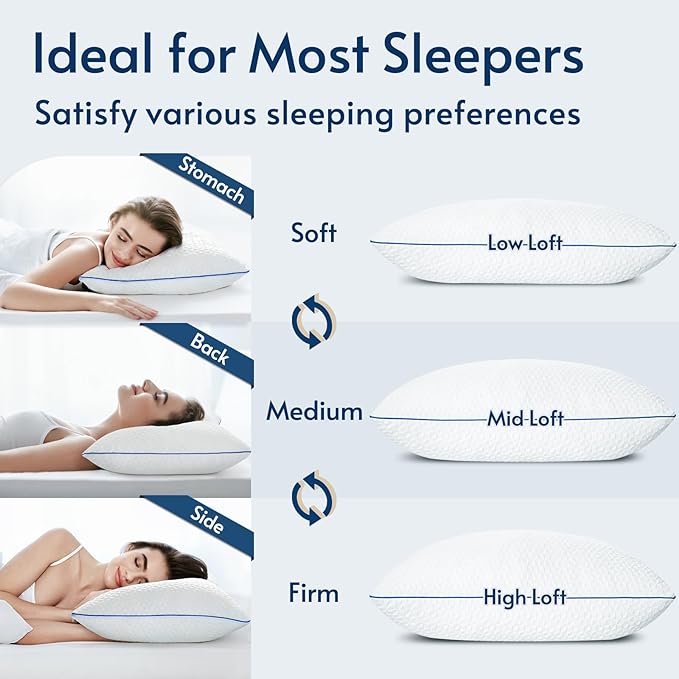 viewstar Memory Foam Pillows Queen Size Set of 2, Adjustable Firm Pillows for Side Back Stomach Sleepers, Shredded Gel Pillows for Sleeping 2 Pack with Washable Removable Cover 19"x 28"