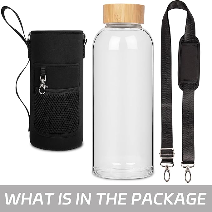 48 oz Sports Borosilicate Glass Water Bottle with Bamboo Lid with Neoprene Sleeve