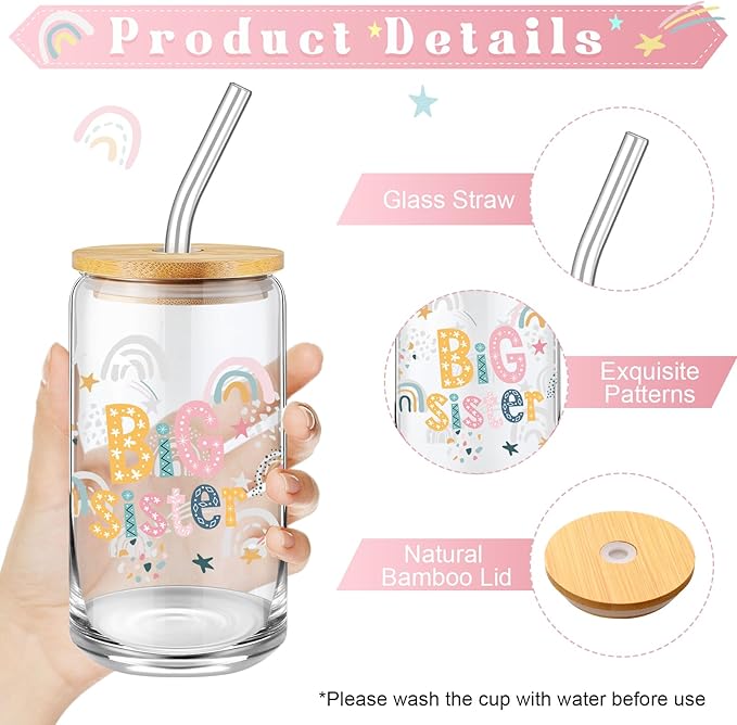 4 Pcs Big Sister Gifts for Girls Cute Big Sister 16oz Glass Tumbler Cup Makeup Bag Sister Bracelet and Scrunchies Best Sister Gift for Little Girls of New Baby Birthday Baby Shower
