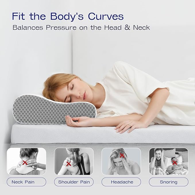 Contoured Neck Pillow Memory Foam - Dual Use Cervical Neck Pillow for Sleeping - Soft Bed Pillow for Neck and Shoulder Pain - Ergonomic Side Sleeper Cervical Pillows (Grey White)