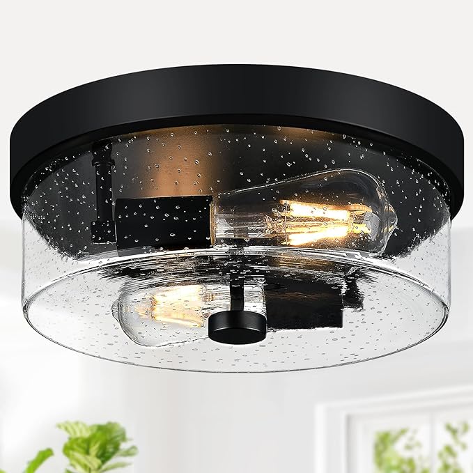 Black Flush Mount Ceiling Light Fixtures, 2-Light Ceiling Mount for Farmhouse with Seeded Glass Lampshade, Industrial Flush Mount Light Fixture Farmhouse for Hallway, Kitchen, Entryway and Foyer