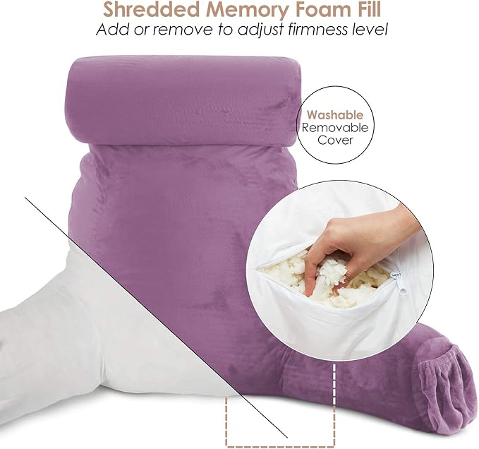 Nestl Reading Pillow Large Bed Pillow, Back Pillow for Sitting in Bed Shredded Memory Foam Chair Pillow Reading & Bed Rest Pillows Lavender Dream Back Pillow for Bed, Bed Chair Arm Pillow with Pockets