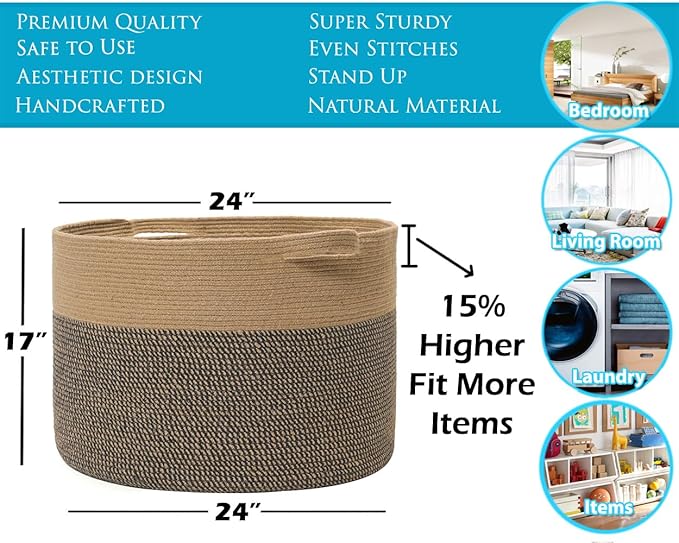 24" x 24" x 17" Max Size Large Cotton Rope Basket, Extra Large Storage Basket, Woven Laundry Hamper, Cloth Storage Bin, for Blankets Clothes Towels Pillows in Living Room, Jute/Black Mix