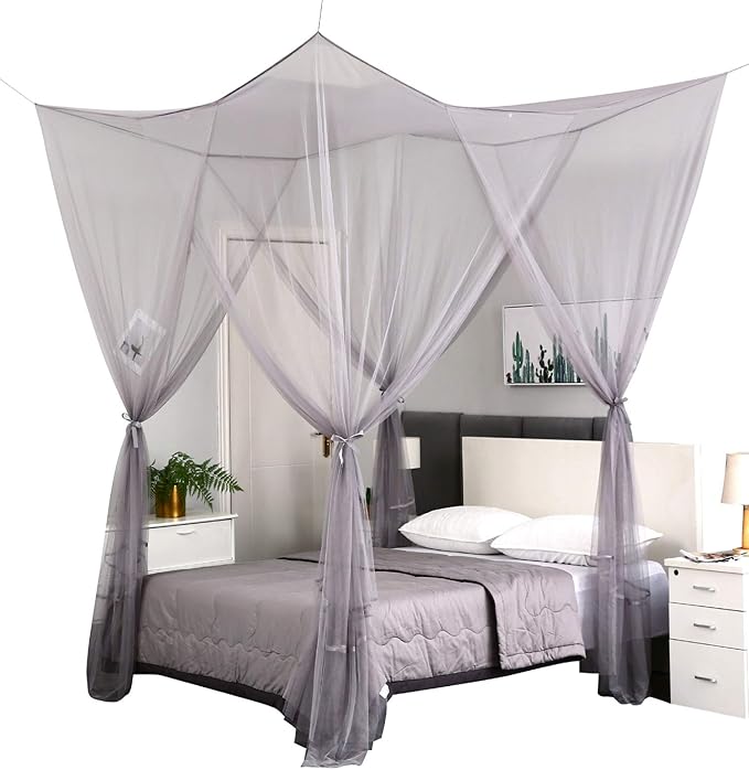 Mengersi 4 Corner Post Elegant Canopy Bed Curtains for Full Queen King Bed,Mosquito Net Suitable for Indoor Outdoor Net(Gray, L87xW79xH98 inch)