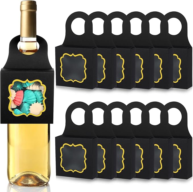 40PCS Wine Bottle Box with Window, Megitzuu Kraft Paper Wine Boxes for Gifts Hanging Wine Treat Box Mini Charcuterie Boxes Empty Champagne Bottles Gold Foil Gift Box Hanger Candy Box for Party (Black)