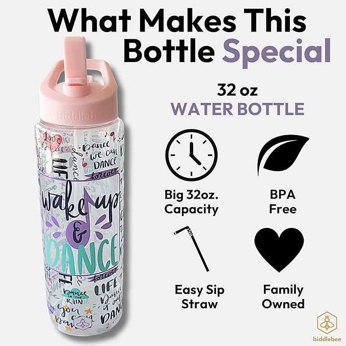 32oz Dance Water Bottle with Straw | BPA-Free Reusable Bottles for Dancer, Girls, Teen, Ballerina | Great Recital Gifts, Birthday Gift or Present for Dance Teacher