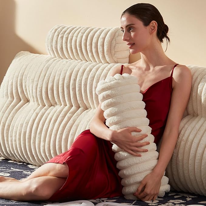 Faux Fur Headboard Pillow with 2 Pack Neck Roll Pillow Large Headboard Pillow Soft and Supportive with Removable Cover (Beige, King)