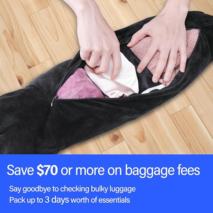 Travel Pillow You Stuff with Clothes, Stuffable Travel Pillow Transforms Into Extra Luggage Without Excess Fees, Stuffable Neck Pillow Fits 3+ Days of Travel Essentials Black