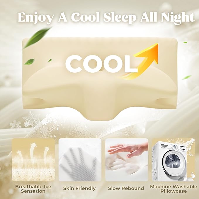Cervical Pillow for Neck Pain Relief, Cooling Contour Memory Foam Pillows Support Odorless Ergonomic Neck Pillow Adjustable Orthopedic Bed Pillow for Side Back Stomach Sleeper with Pillowcase