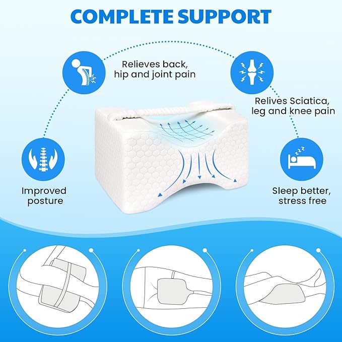 Memory Foam Knee Pillow, Leg Pillow for Side Sleeping, Contour Support Ergonomic Knee Pillow with Cover and Strap, for Side Sleepers, Spine Alignment, Hip, Back and Joint Pain Relief