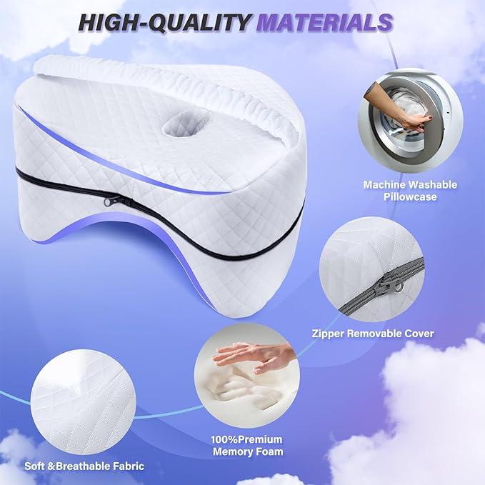 SAHEYER Knee Pillow for Side Sleepers, Memroy Foam Leg Pillow for Side Sleeping, Leg Elevation Pillow, Washable Cover Hip Pillow for Sciatica Relief, Post Injury Recovery - with Adjustable Strap