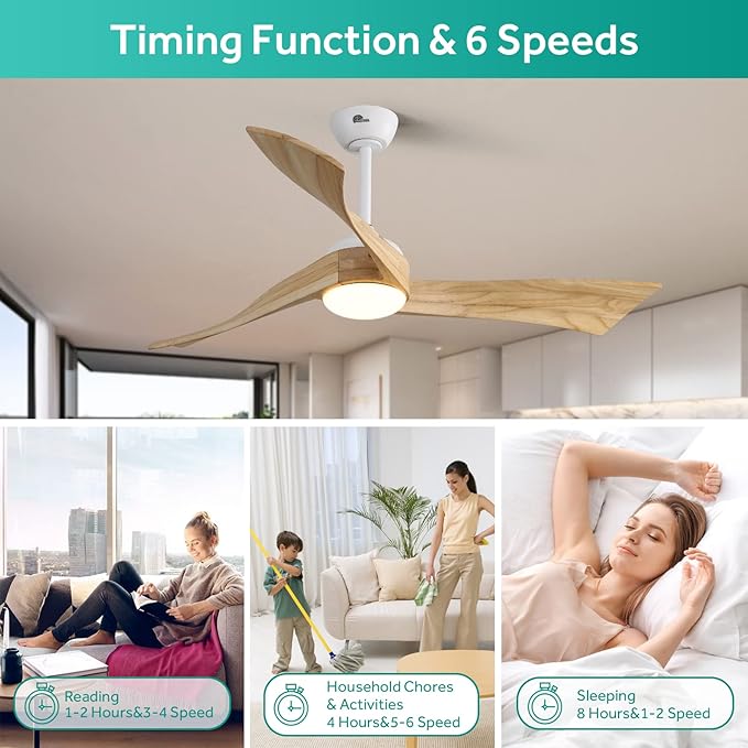 Sofucor 52" Ceiling Fans with Lights Remote Control, 3 Poles for Wave Modern Ceiling Fan with Remote, Outdoor Ceiling Fan for Patios with 6 Speeds and Dimming Lighting, Light Wood Grain