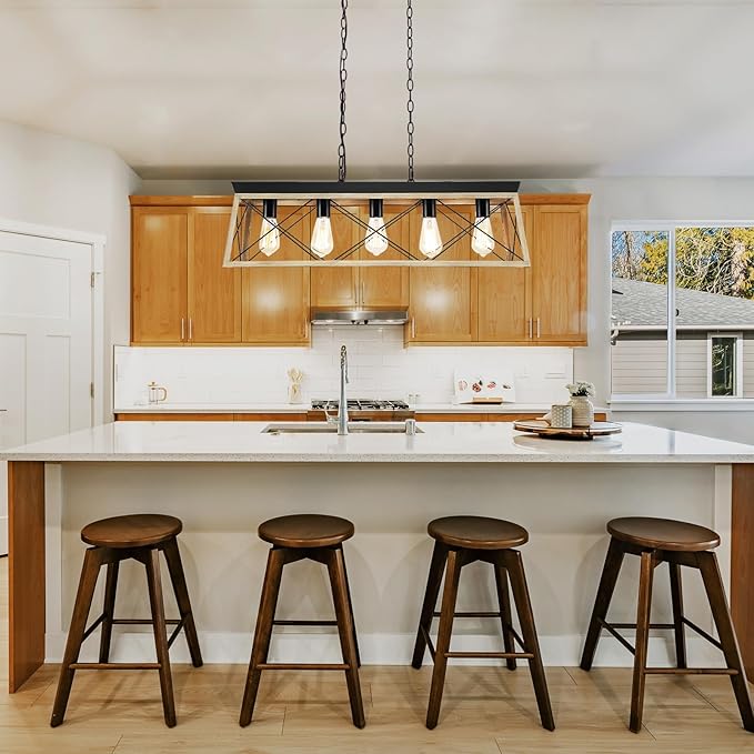 Dining Room Light Fixture/Chandelier Over Table, 5-Light Kitchen Island Lighting Hanging for Farmhouse Linear Chandeliers Matte Black Rustic Wood Pendant Ceiling Light Fixtures