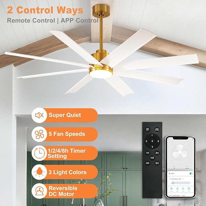 Depuley 60" Industrial DC Motor Ceiling Fan with LED Light, Indoor or Covered Outdoor Ceiling Fans for Living Room Office Bedroom Porch Patio, 5-Speed Remote App Control, White and Gold