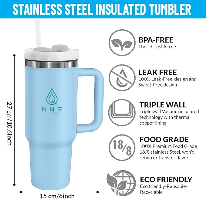 40oz stainless Steel Insulated Tumbler with Handle, lid and straw for cold water, Iced tea, or coffee - 100% Leak-Proof - Cupholder Friendly Travel Mug- Gifts for Women Men Him Her (Blue)