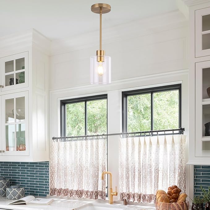 Brass Pendant Lights Kitchen Island,Modern Farmhouse Clear Glass Pendant Light,Gold Light Fixture Kitchen Pendant Mini Hanging Light Fixture for Sink (Brass 2 Pack stem Rod)