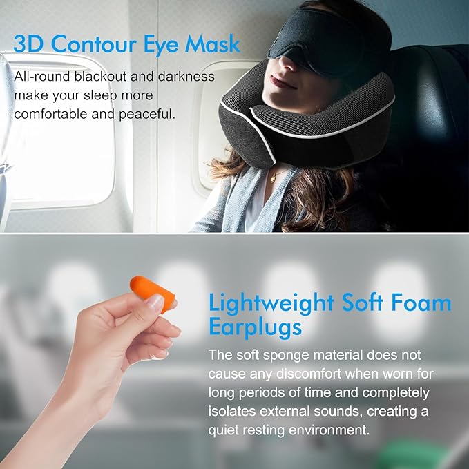 Travel Pillow,Upgraded 100% Memory Foam Neck Pillow for Traveling,Ergonomic Design Soft Best Flight Pillow,Neck Pillow Airplane Kit with 3D Contoured Eye Masks,Earplugs and Luxury Bag (Dark Gray)