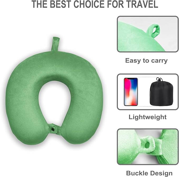 Neck Pillow for Airplane Travel, 100% Pure Memory Foam Travel Neck Pillow for Sleeping & Travel Essentials for Neck Rest, Green, Pack with Box