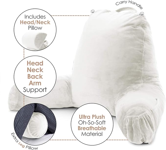 Nestl Reading Pillow Large Bed Pillow, Back Pillow for Sitting in Bed Shredded Memory Foam Chair Pillow, Reading & Bed Rest Pillows White Back Pillow for Bed, Bed Chair Arm Pillow with Pockets